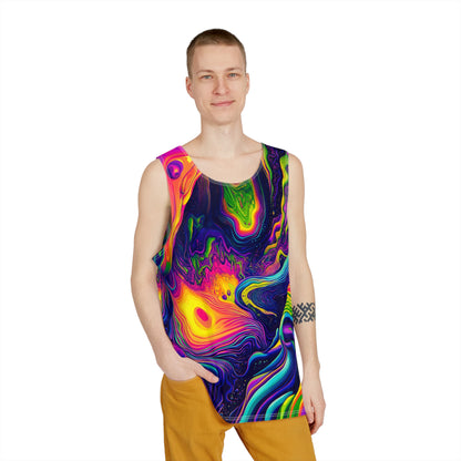 Angled view of the 'Dimension 1111' men's tank top highlighting the print colors.