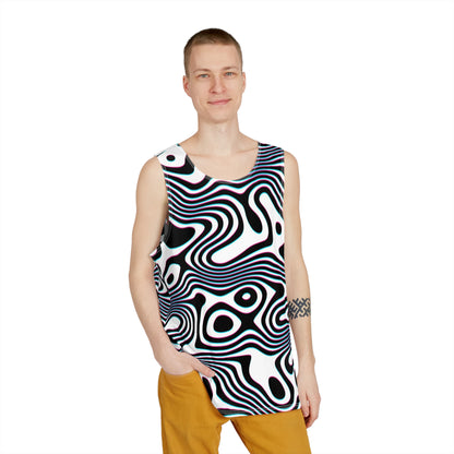 White Wild Cat men's tank top shown at an angle to highlight the artwork.