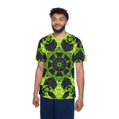 'Geocomb' sport tee for men, close-up of the print detail on the fabric.