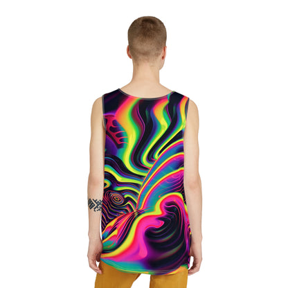 Hues on Hues men's tank top shown on a model at an angle.