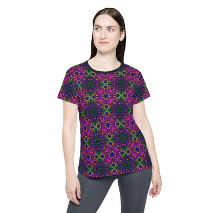Close-up of the print detail on the "Kiss Me Pattern" sport tee, showing color and line clarity.