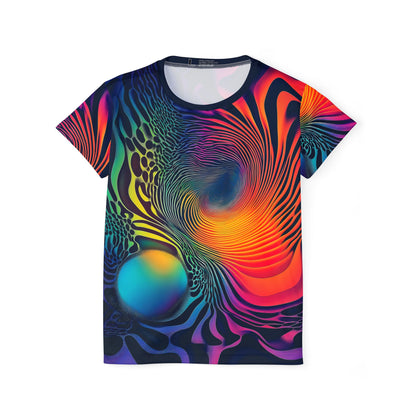 Flat lay front view of the Cosmic Fingerprint women's sport tee, print centered on the chest.