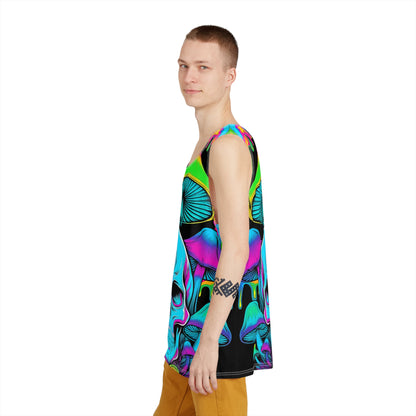 Styled shot of a men's tank top printed with the Third Eye Skull design.