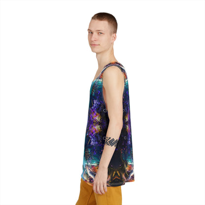 Another angle of the Source of Creativity V2 men's tank top showing the print.