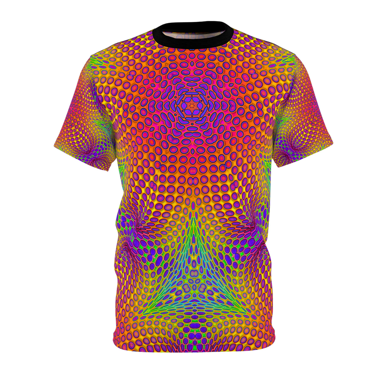 Front view of the Ride the Bloom psychedelic premium tee laid flat, showing the full all-over print design.