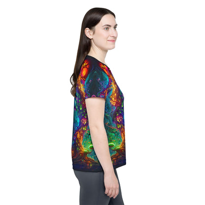 Close-up of the fabric texture on the Fungus Amongus women's sport tee.