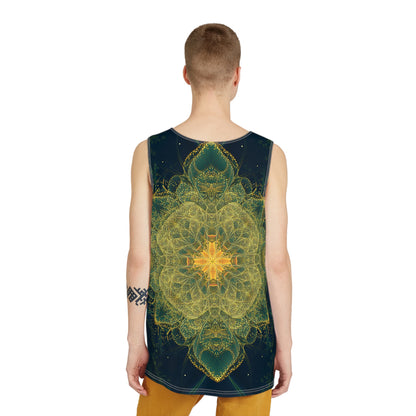 Angled view of the Happy Thoughts men's tank top showing the fabric and print.