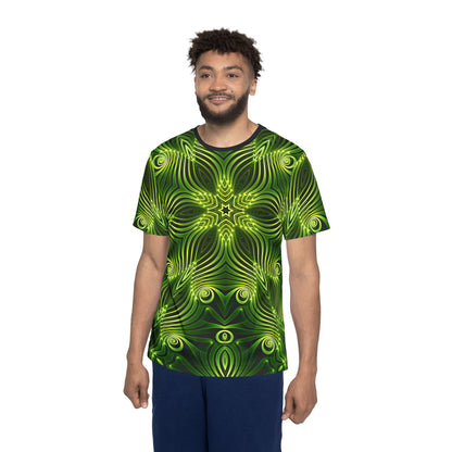 Corner detail of the "Green Lattice" print men's sport tee.