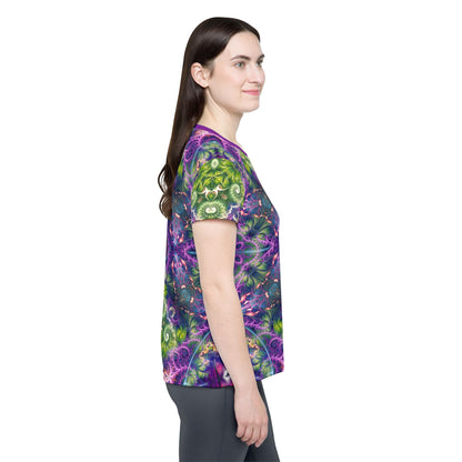 Women's sport tee in the Emergence Pattern psychedelic all-over print design, detail of the all-over print.