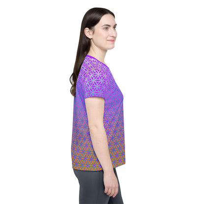 Women's sport tee in the Flower de Life V2 sacred geometry all-over print design, detail of the all-over print.