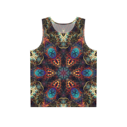 The Stimulous Mandala men's tank top laid flat, showing the full psychedelic print design.