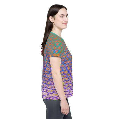 Women's sport tee in the Flower de Life sacred geometry all-over print design, detail of the all-over print.