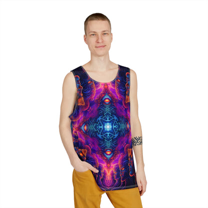 Angled view of a men's tank top featuring The Watchers Square design.