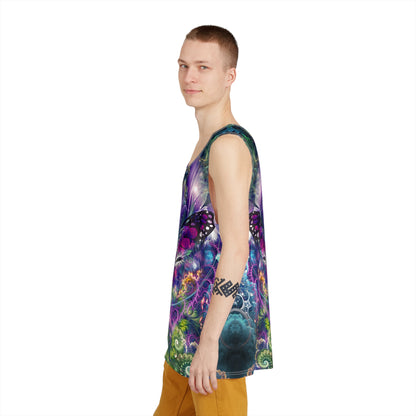 Overhead view of the 'Emergence' men's tank top laid flat.