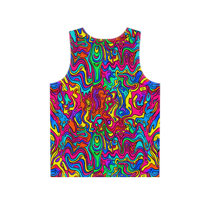 Close-up of the Cartoon Oil print detail on a men's all-over print tank top.