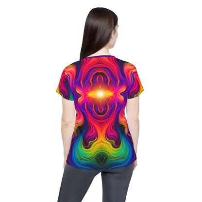 Back view of the Cosmic Currents women's sport tee laid flat.