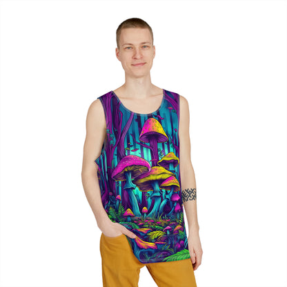 Angled view of the Mushroom Forest men's tank top.