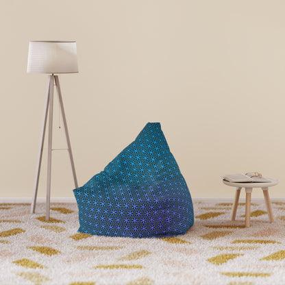 The Blue Flower of Life bean bag chair cover styled in a cozy living room.