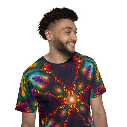 Three-quarter angle of the Seed of Knowledge Mandala sport tee showing the print placement.
