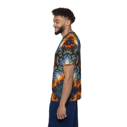 Folded view of the "Fractal Flower Mandala" men's sport tee showing the printed design.