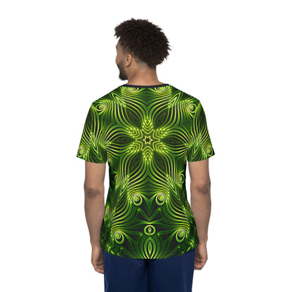 Overhead view of the "Green Lattice" print men's sport tee laid flat.