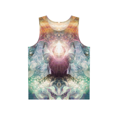 Celestial Vibrations men's tank top, front flat lay showing the cosmic wave print.
