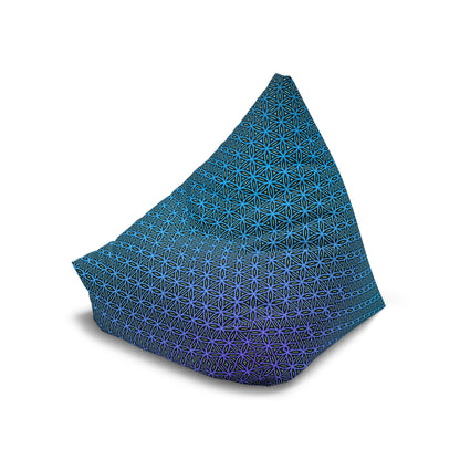 Close-up of a corner seam on the Blue Flower of Life bean bag chair cover.