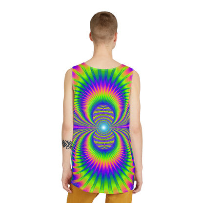 Angled view of the 'Blast Off' men's tank top, showing the fit and drape of the fabric.