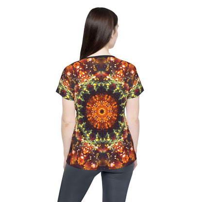 Close-up of the Autumn Bloom all-over print on the women's sport tee fabric