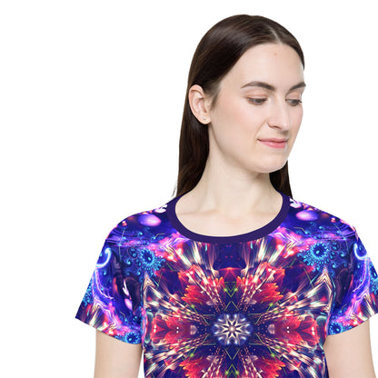 Women's sport tee in the Flow State psychedelic all-over print design, laid flat.