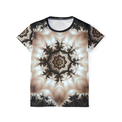 Women's sport tee in the Duality psychedelic mandala all-over print design, flat lay view.
