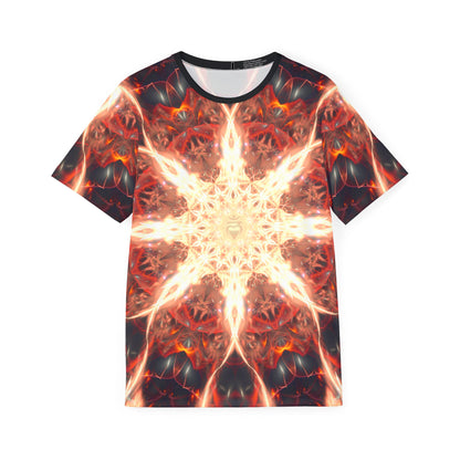 Flat lay of the Muladhara sport tee showing the full all-over print.