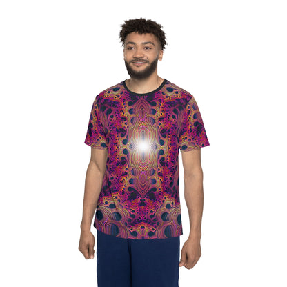 Corner detail of the "Fractaleon" all-over print on the men's sport tee.