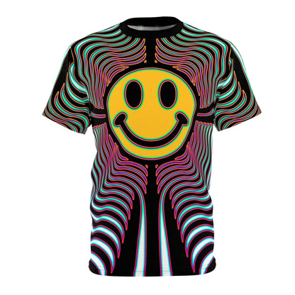 Front flat lay of the Smileyusion psychedelic t-shirt with the full print design visible.
