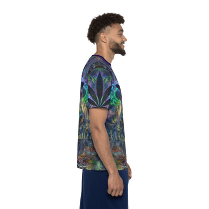 Full pattern view of the "Heightened Stroll" print men's sport tee.