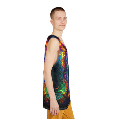 Flat lay of the Fungus Amongus men's tank top laid out to show the full print.