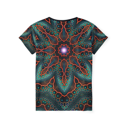 Close-up of the Multiverse print detail on the sport tee fabric.