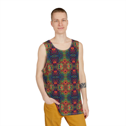 Angled view of the Shipibo Psyy Pattern men's tank top design.