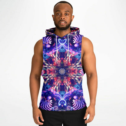 A second model wearing the “Flow State” sleeveless hoodie, front view, showing the fit and drape.