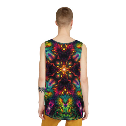 Angled view of the Seed of Knowledge Mandala men's tank top on display.