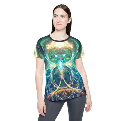 Side view of the Blossom print on this women's sport tee