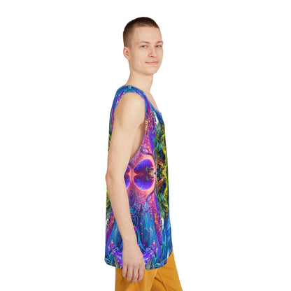 Men's tank top with the 'The Sacred Vine Flip 2' print viewed from above.