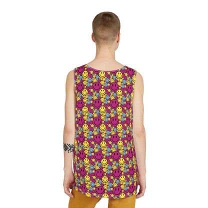 Overhead view of the Purple Yellow Blue Smiley men's tank top on a flat surface.