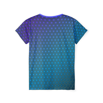 Back view of the Blue Flower of Life Pattern print on this women's sport tee