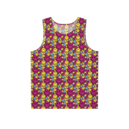Flat lay of the Purple Yellow Blue Smiley print men's tank top showing the full design.