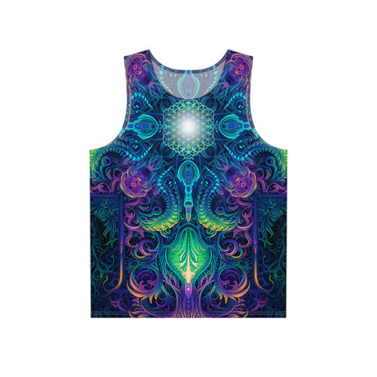 Front view of the 'Belladonna V2' men's tank top laid flat, showing the full all-over print design.
