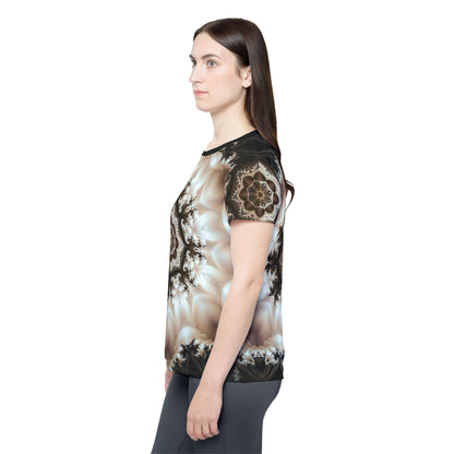 Women's sport tee in the Duality psychedelic mandala all-over print design, shown from above.