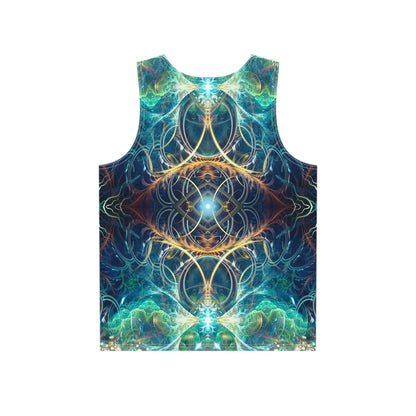Angled view of a men's tank top featuring the 'Blossom Flip' print.
