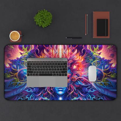 Wide desk setup shot with The Sacred Vine Face Section desk mat in place.