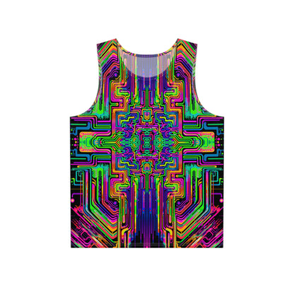 Front view of the 'Borg Rave' men's tank top laid flat, showing the full all-over print design.